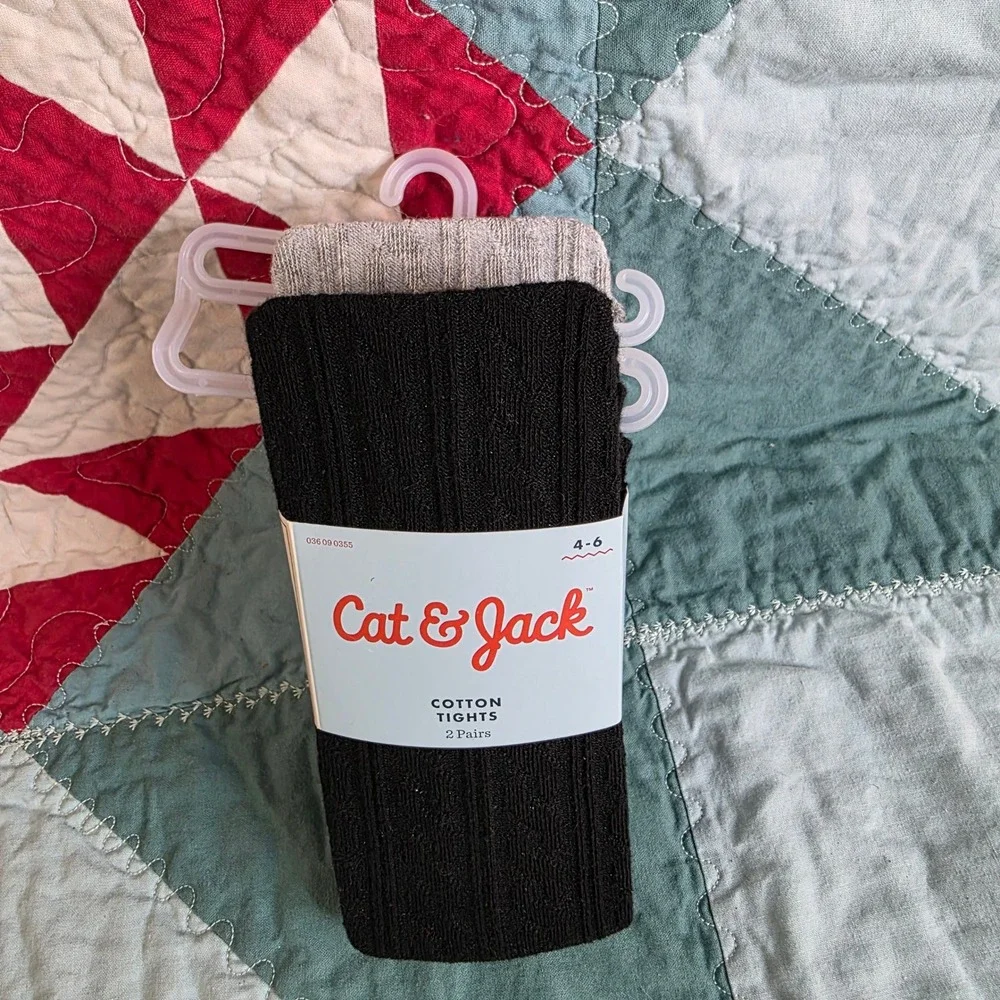 Cat & Jack Girls 2pk Cotton Sweater Tights Black Heather Gray Size 4-6